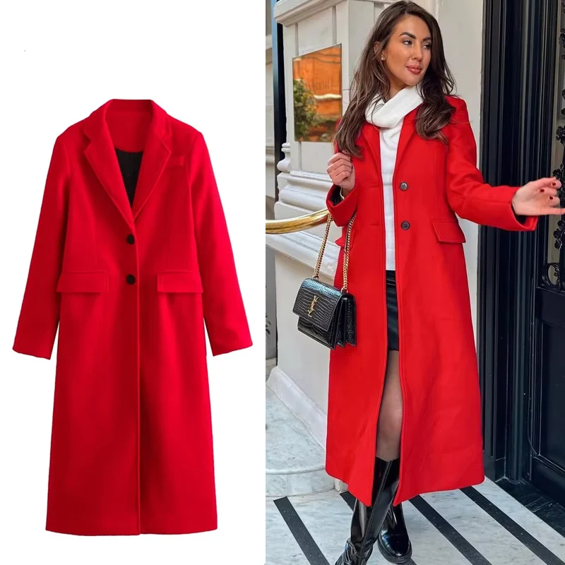 HXAO Winter Coats Woman 2024 Red Long Coats For Women Autumn Faux Wool Coat Casual Long Sleeve Coat Elegant Women's Overcoat
