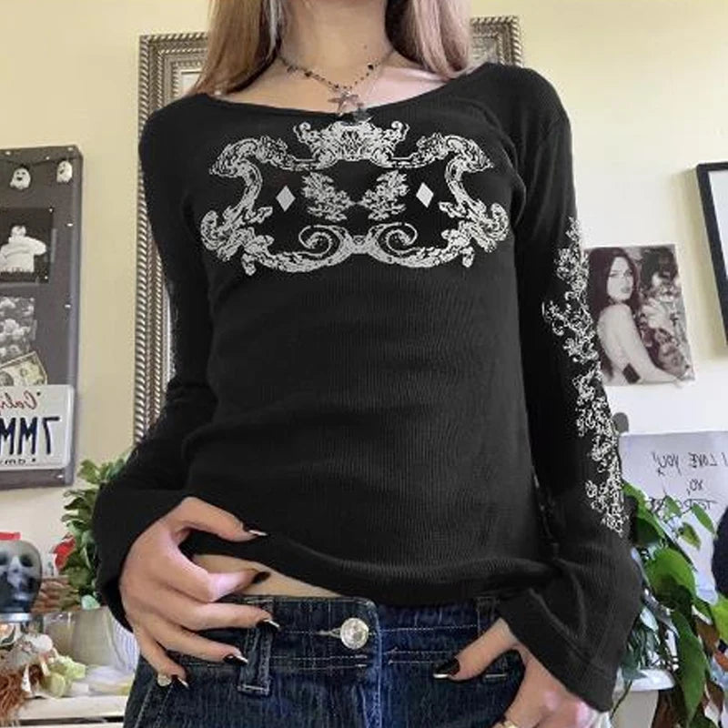 Y2K Grunge Skull Thermal Tee
