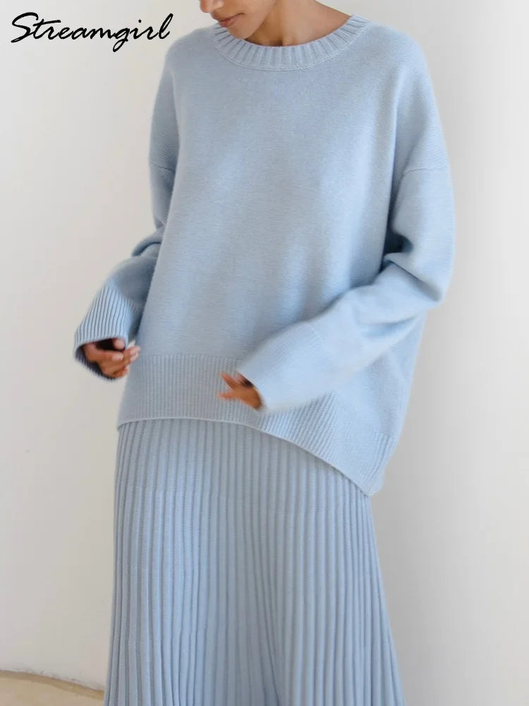 Light Blue Oversized Sweaters For Women 2024 Trend White Loose Sweater Casual Autumn Winter Warm Thick Knit Sweater Women Jumper 4