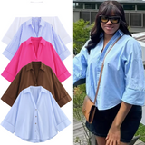 HXAO 2025 Women's Shirt Summer Crop Oversized Shirts & Blouses White Blue Rose Brown Striped Shirt Elegant Long Sleeve blouses