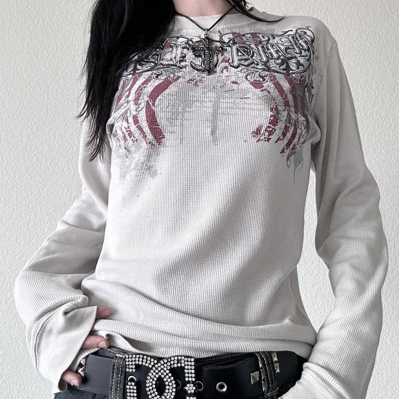 Y2K Grunge Skull Thermal Tee