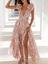 Women V Neck Ruffle Sleeves Printed Long Dresses 2025 Summer Fashion Elegant Beach Vacation Backless Lace-up Sleeveless Dress 4