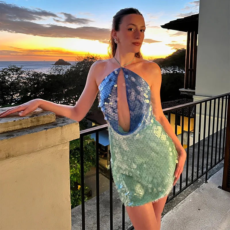 Sequin Backless Patchwork Halter Mini Dress