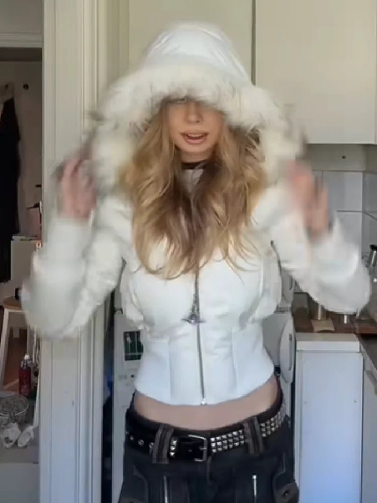 Full Winter Faux Fur Collar Hooded Jacket For Women Slim Waist Solid Crop Warm Padded Coat 2025 High Street New Lady Outwears
