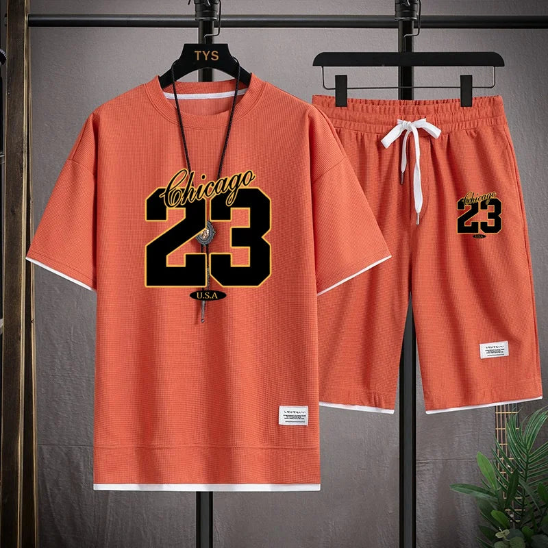 High Quality Men's Korea Comfortable and Summer  Fashion Print Sports Suit Fitness Jogging Daily Casual Wear Beach Shorts Set 3
