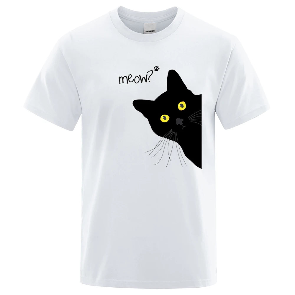 Black Cat Print T-Shirt - Funny Meow Design, Men's Loose Fit Summer Top