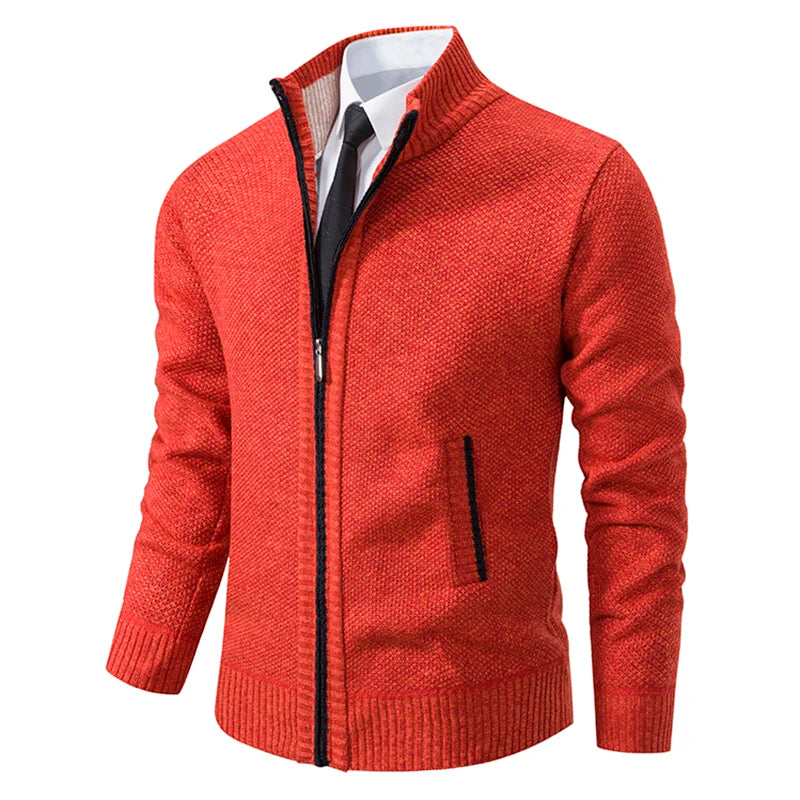 Autumn And Winter New Jersey Men's Casual Sports Coat Solid Color Stand Collar Wweater Grab Fleece Warm Zipper Cardigan 2