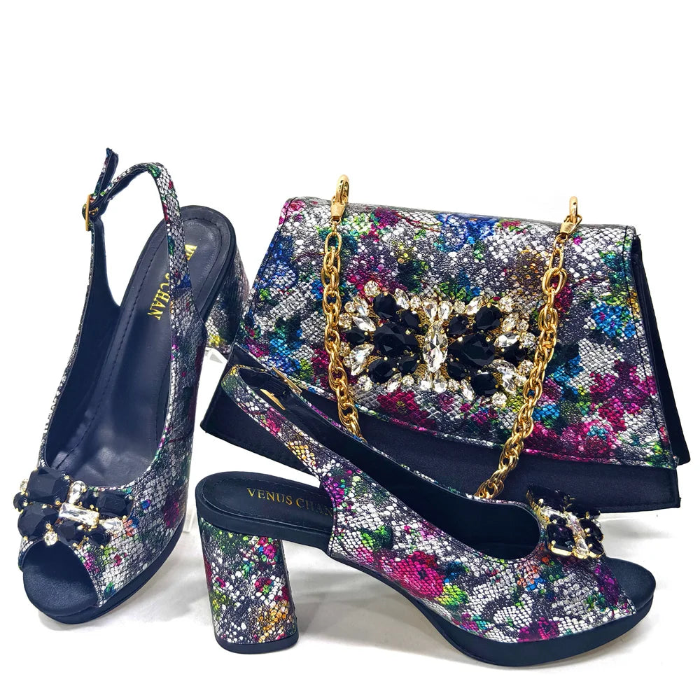 Italian Gold Block Heel & Matching Bag Set