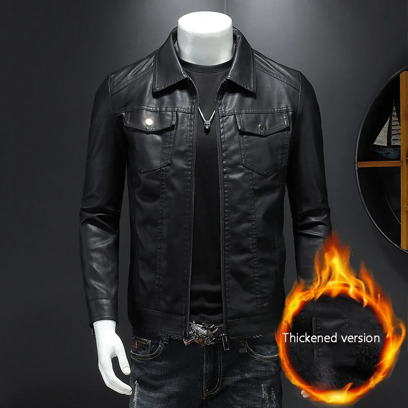 Men's lapel leather jacket autumn oversized slim motorcycle riding suit winter thickened PU leather waterproof work clothes 3