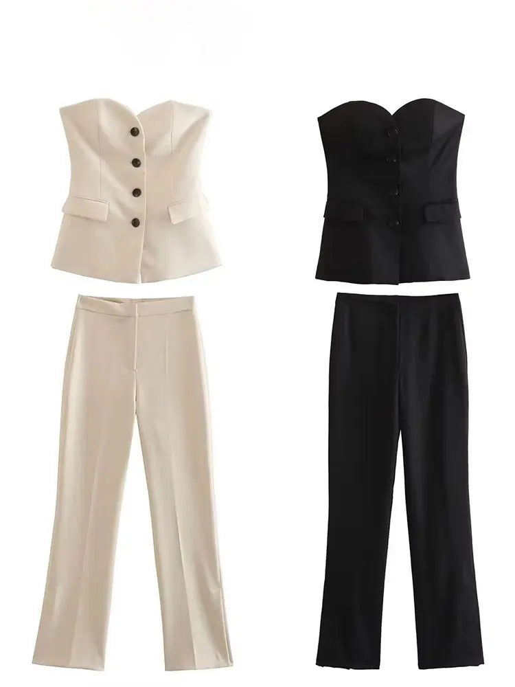 HH Women Elegant Solid Pant Suit Front Button Strapless Sexy Tank Tops + Side Slit Trouser Female Fashion Streetwear Sets 5