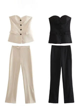 HH Women Elegant Solid Pant Suit Front Button Strapless Sexy Tank Tops + Side Slit Trouser Female Fashion Streetwear Sets 5