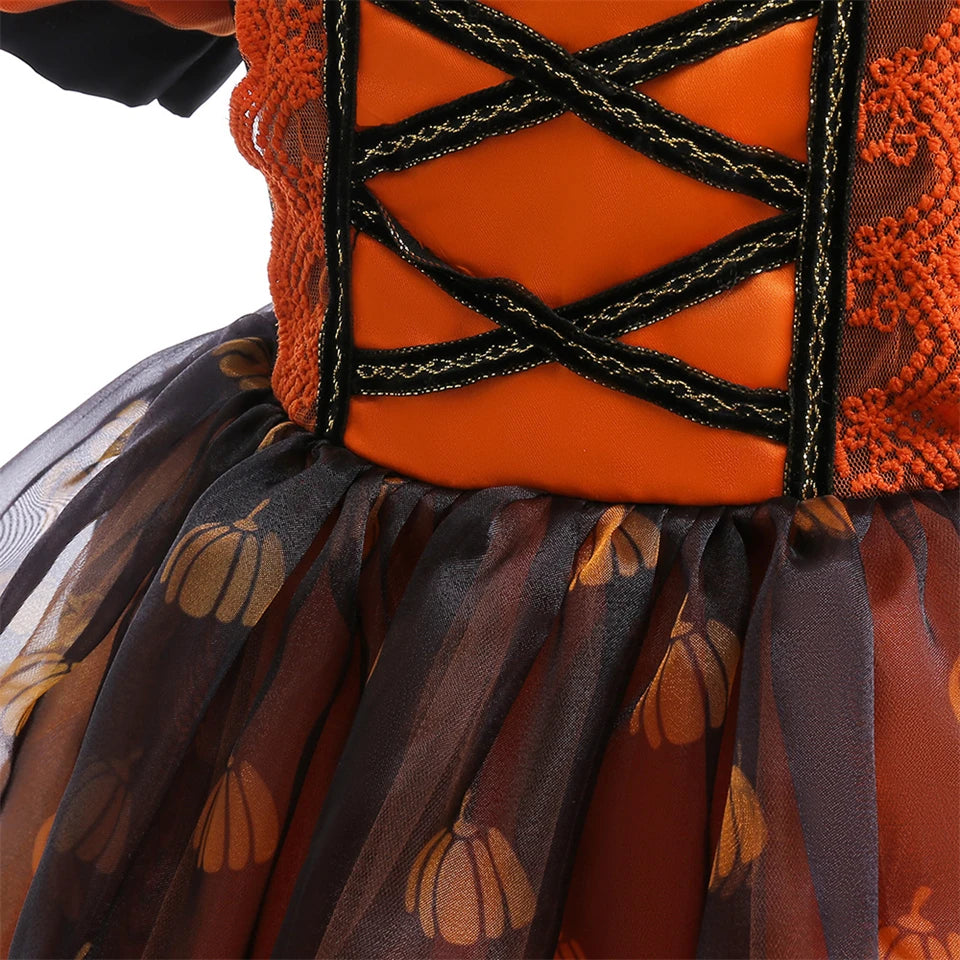 Fancy Girl Halloween Disguised Child Pumpkin Print Witch Princess Dress Children Cosplay Masquerade Party Performance Clothing 6