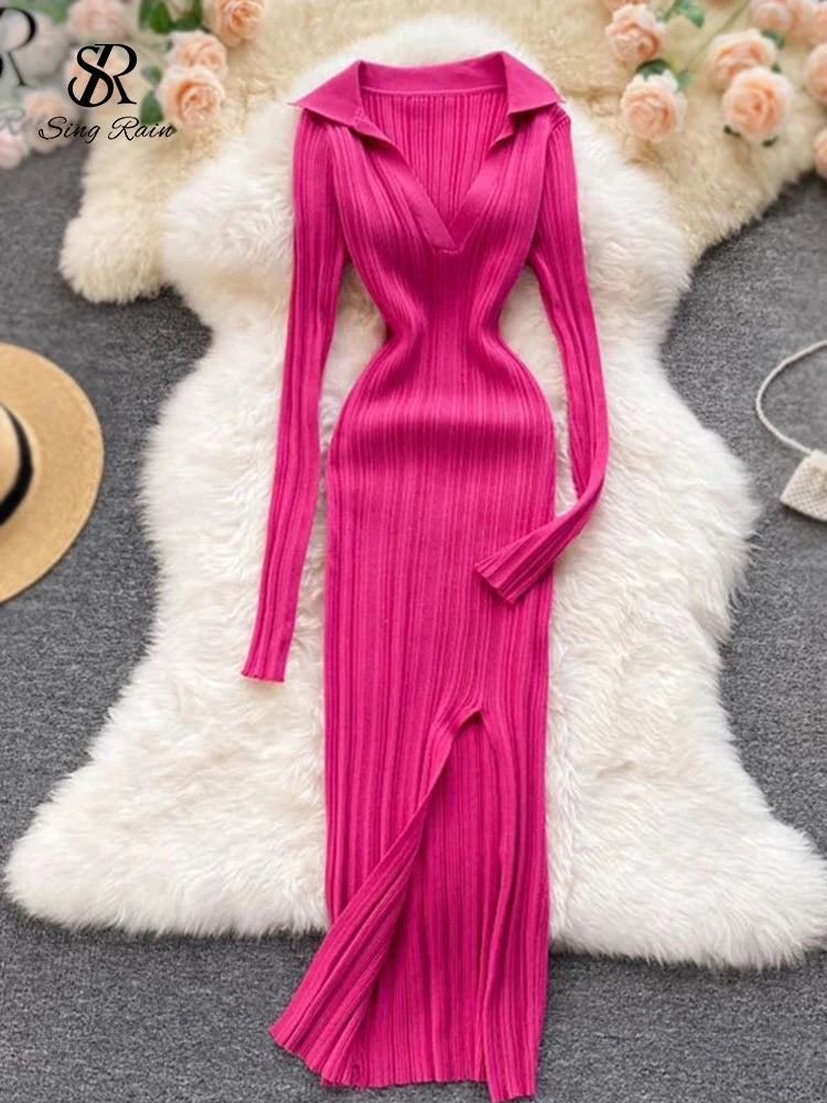 SINGREINY Women Korean Knitted Dress Long Sleeve V Neck Elastic Slim Pencil Dresses 2021 Autumn Sexy Bodycon Split Sweater Dress 1