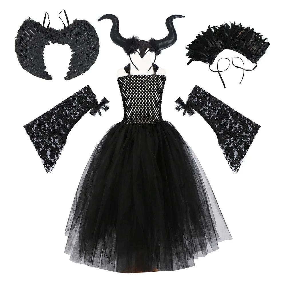 2024 New Maleficent Halloween Costume Maleficent Tulle Dress for Girls Cosplay Evil Queen Black Mesh Princess Dress Kids 4