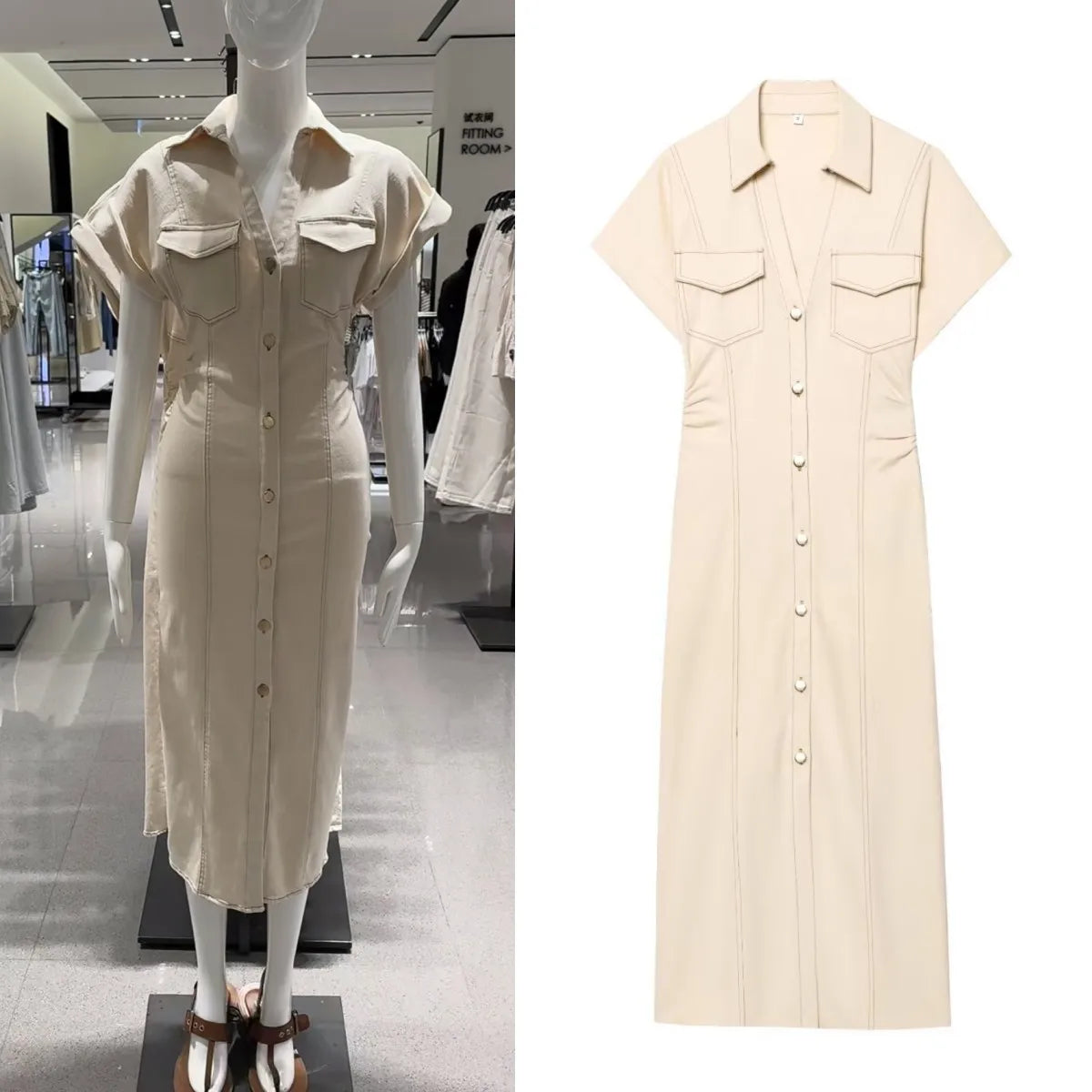 ETJ 2025 summer new  women's elegant fashion waist pleated V-neck short-sleeved temperament denim MIDI dress 2