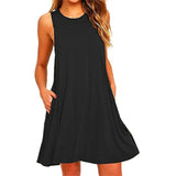 Women's Dress Summer Casual T Shirt Dresses Beach Cover up Plain Pleated Tank Pockets Dress 4