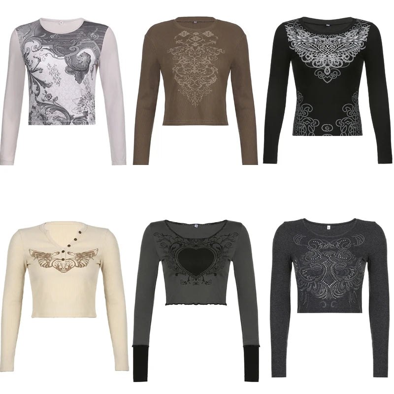 Dark Academia Graphic Print T-shirt E-girl Gothic Mall Goth Alt Emo Crop Top Y2K Harajuku Retro Grunge Tees Vintage Streetwear