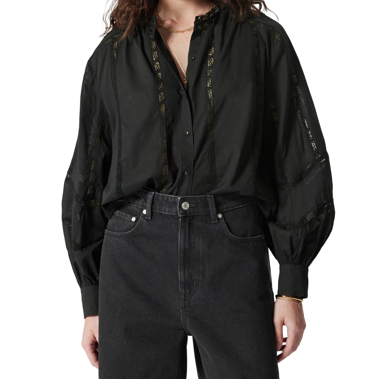 Elegant Lace-Accent Balloon Sleeve Blouse