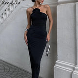 Elegant Sleeveless Slim Black Dress Aesthetic Oblique Strap Backless Prom Dresses