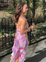 Weird Puss Flower Print Dress Woman Summer Strapless Splits Irregular Tassel Patchwork Backless Bandage Party Skinny Vestidos 3