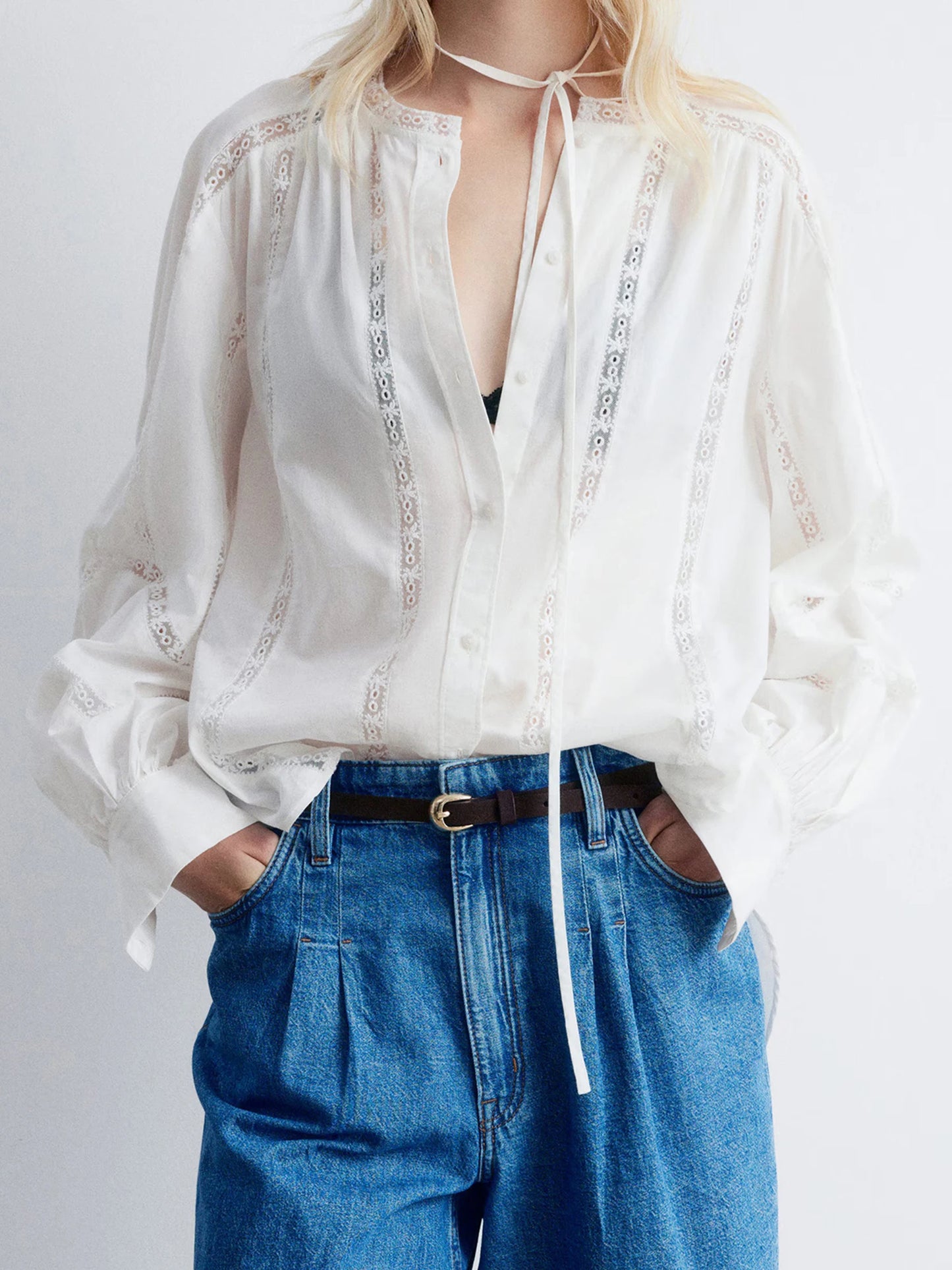 Women s Casual V-Neck Long Sleeve Button Down Shirt with Lace Detailing and Balloon Sleeves - Stylish Fall Blouse 4