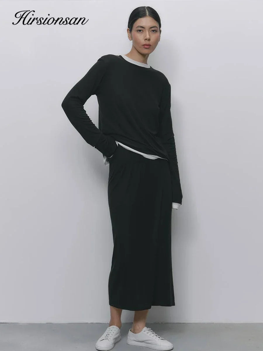 Hirsionsan Modal Soft Loose Sets Women 2025 Casual Two Pieces Long Sleeve T Shirts and High Waist Dresses Outfits Tracksuit 6