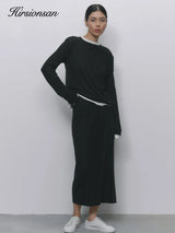 Hirsionsan Modal Soft Loose Sets Women 2025 Casual Two Pieces Long Sleeve T Shirts and High Waist Dresses Outfits Tracksuit 6