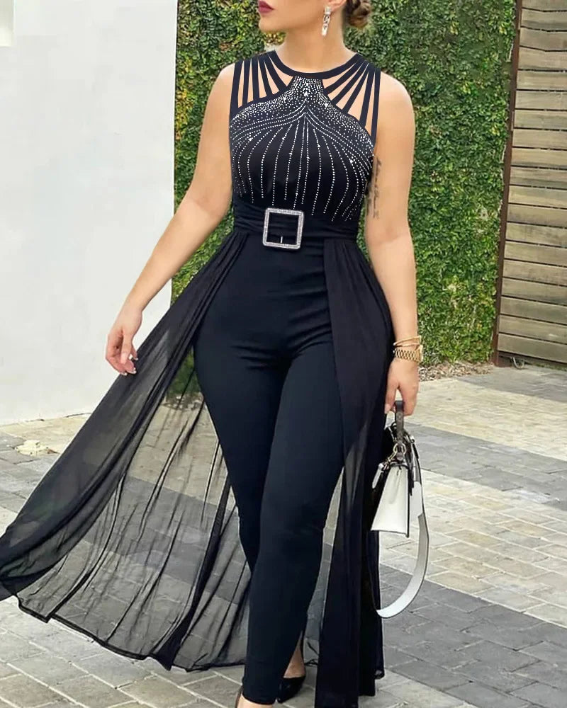 Women's Sexy Sheer Mesh Jumpsuit | Rhinestone Embellished | Sleeveless Romper with Belt | Summer Fashion 3