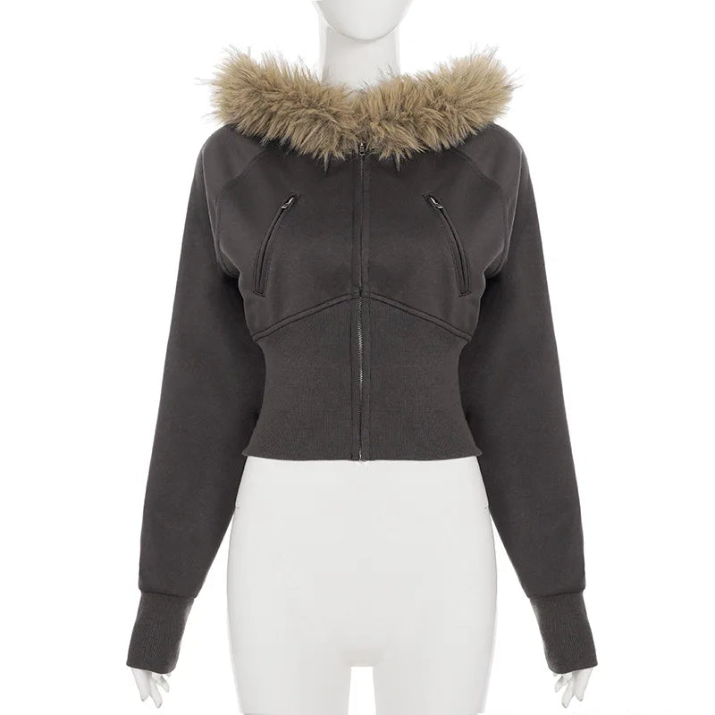 2025 New Autumn Winter Hooded Jackets Fashion Women Long Sleeve Slim Y2K Zipper Vintage Coats High Street Fleece Pocket Outwear 5