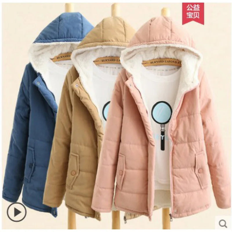 Korean Style New Fashion Women's Velvet Thicken Casual Trendy Solid Color Hooded Parkas Female Simple Basic Pocket Clothes Coats