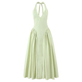 YENKYE Sexy Backless Green Elegant Halter Dress For Women Low Waist A-line Midi Summer Evening Party Dresses Cotton Robe 2