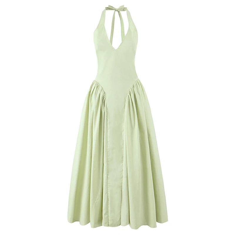 YENKYE Sexy Backless Green Elegant Halter Dress For Women Low Waist A-line Midi Summer Evening Party Dresses Cotton Robe 2