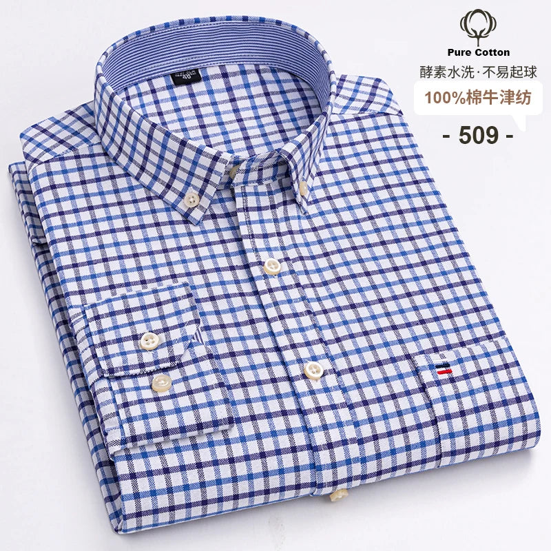 100-Cotton-Oxford-Men-s-Shirts-Long-Sleeves-Plaid-Soft-Regular-Fit-Formal-Dress-Shirt-Pocket