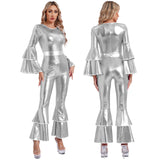 Women's 70s Disco Jumpsuit | Metallic Shiny Bell Bottom Jumpsuit | Halloween Costume, Rave Outfit