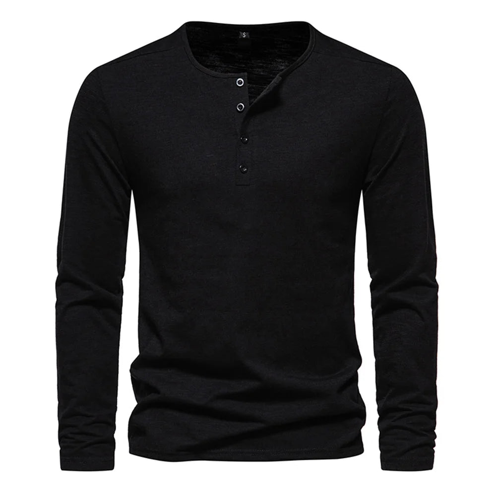 Men Long Sleeved T-shirt Cotton Slim Fit Bottoming Shirt Fitness Tops Tees Button Neck Casual Cozy Tshirt 3