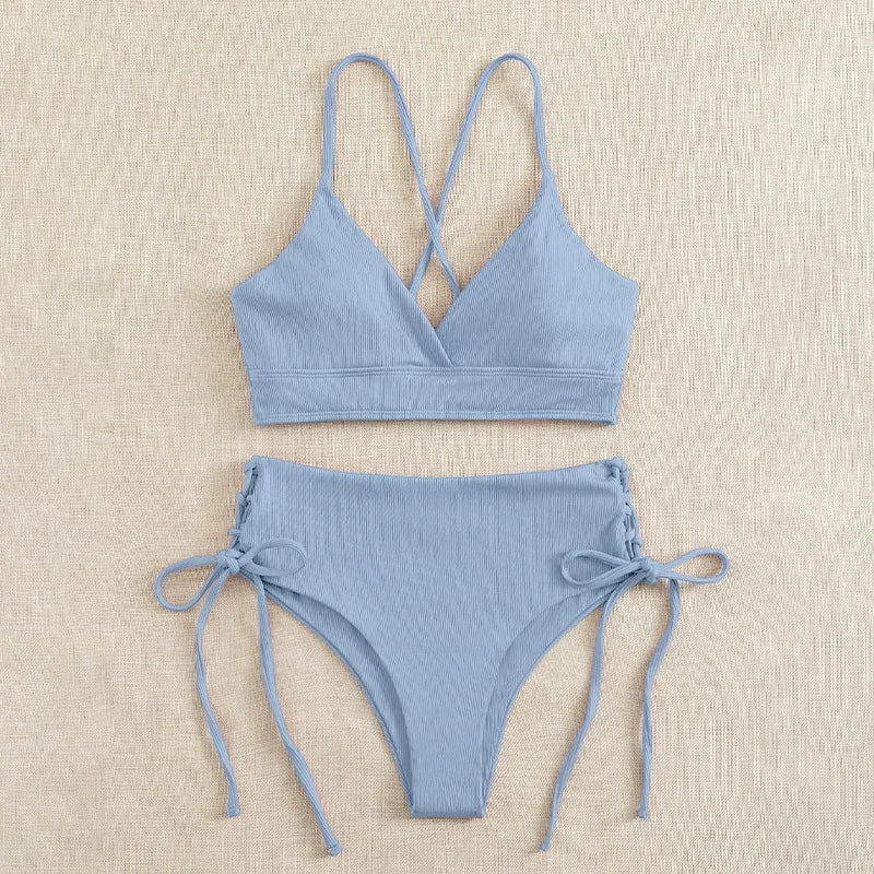 Cikini-V-Neck Split Bikini Set for Women, Sexy Swimsuit, Lace Up, Triangular Bikinis, Solid Color, Beach Swimwear, Bathing Suit 6