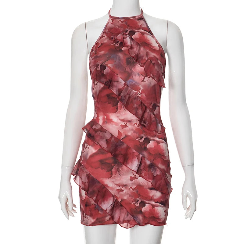 Floral Printing Ruffles Mini Dress Women Sexy Halter Backless 4