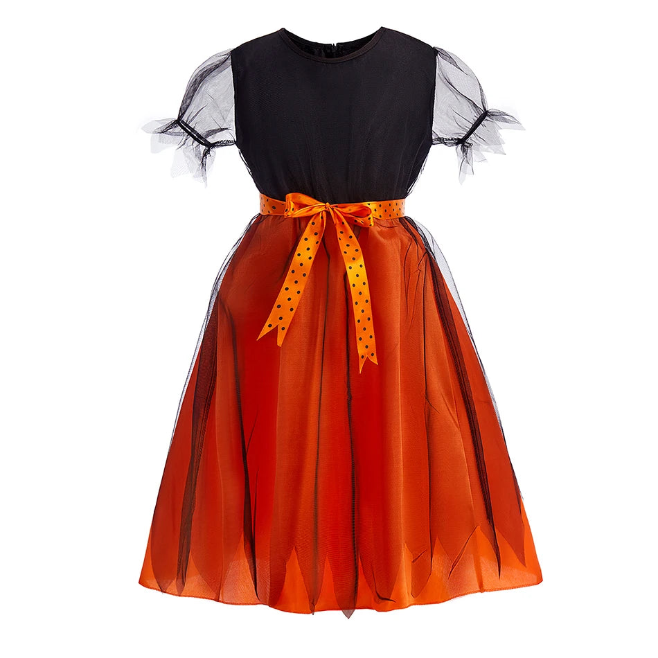 Children Witch Costume Girls Fairytale Wizard Dress Kids Halloween Pumpkin Clothes Baby Bat Spider Party Cosplay Outfit 2-15T 4