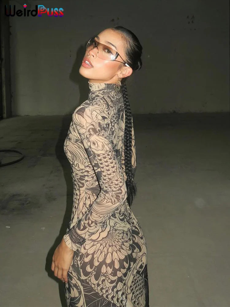 Mesh Print Women Maxi Dress Turtleneck Full Sleeve Bodycon Autumn Trendy Hipsters High Street Party Y2K Attirewear 5