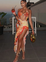 Halter Metal Buckle Dress Women Y2K Hollow Backless Summer Trend High Split Ruffles Sexy Elegant Bandage Maxi Bodycon 2