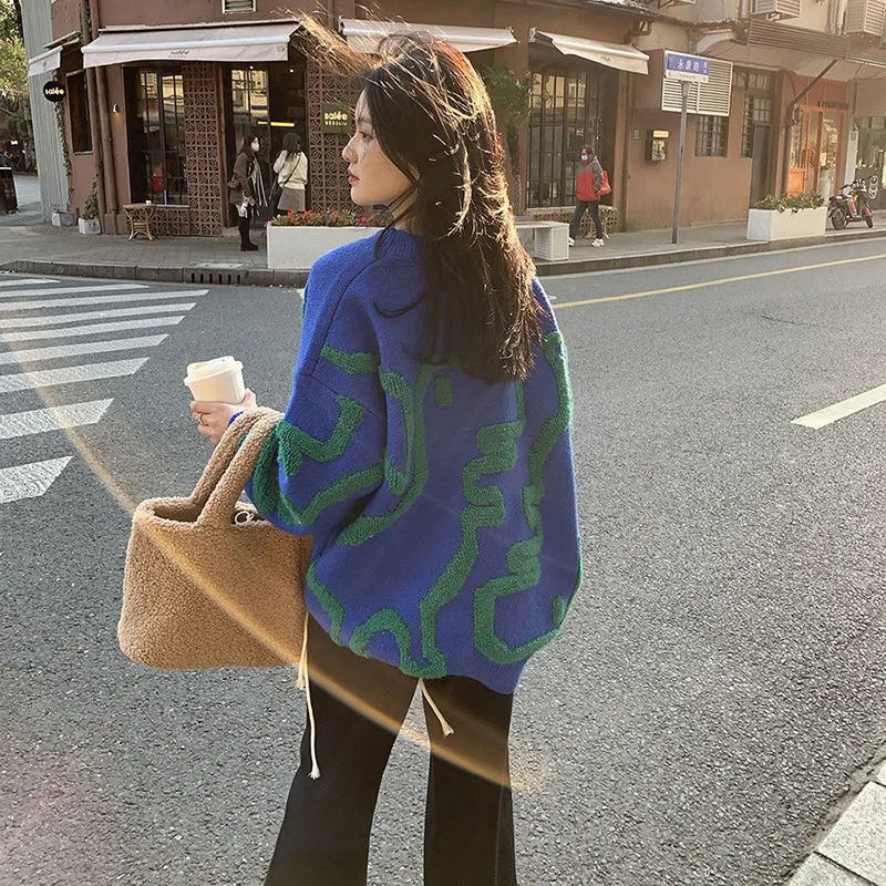 2022 New Arrival Autumn Winter Korean Style Women Casual Loose O-neck Cartoon Pullover All-matched Long Sleeve Sweater P325 3