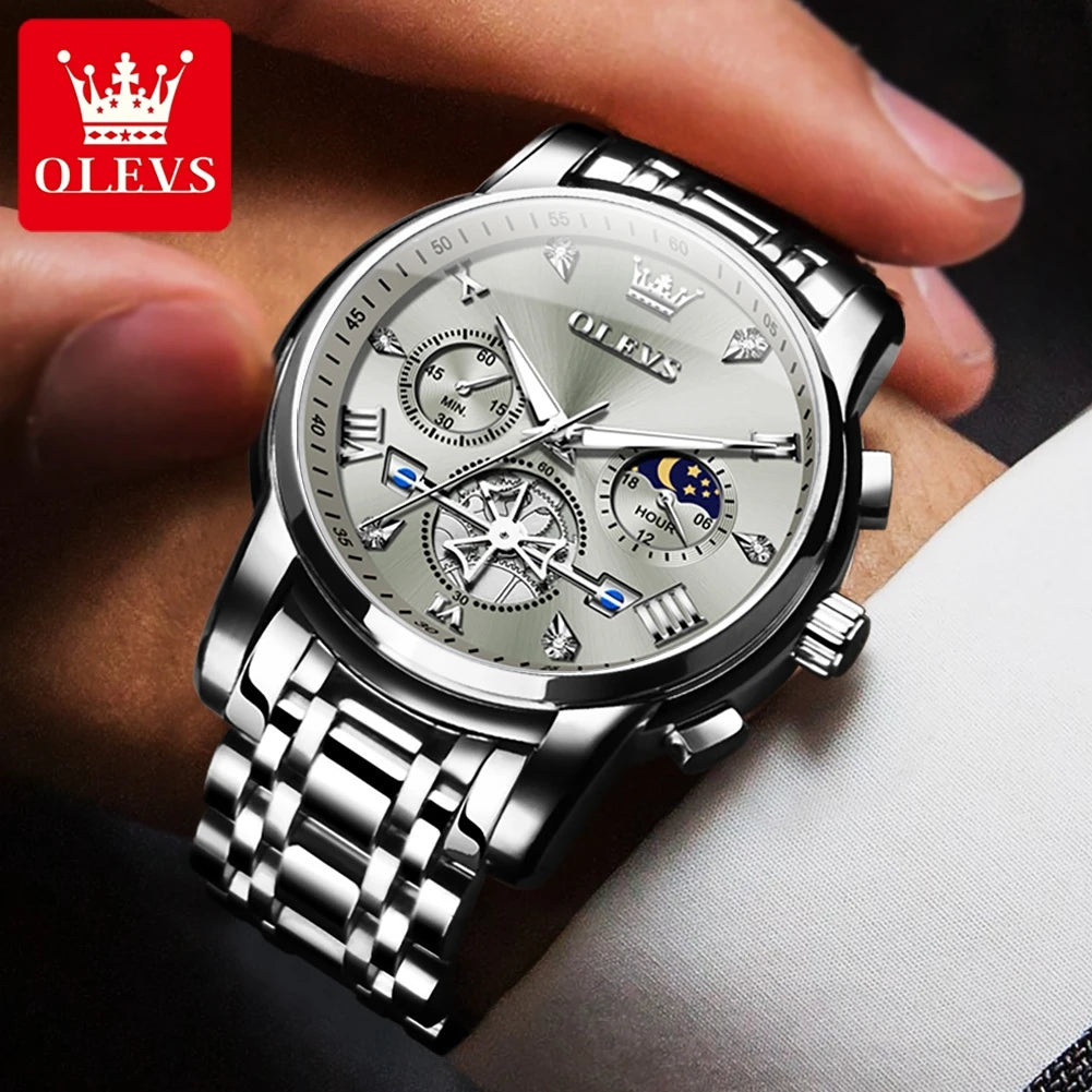 Men's Watches Classic Multifunctional Fltwheel Chronograph Original Quartz Wristwatch Moon Phase 24 Hour Waterproof 3