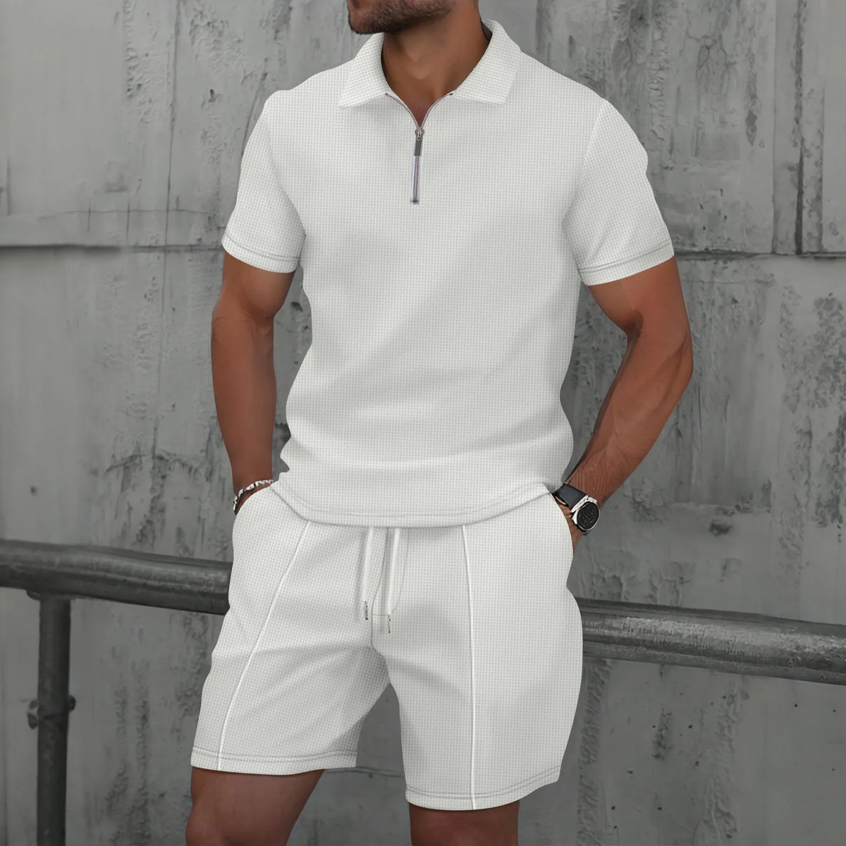 2025 Men Europe and the United States new summer Waffle solid color zip-up lapel short-sleeve suit shorts two sets 4