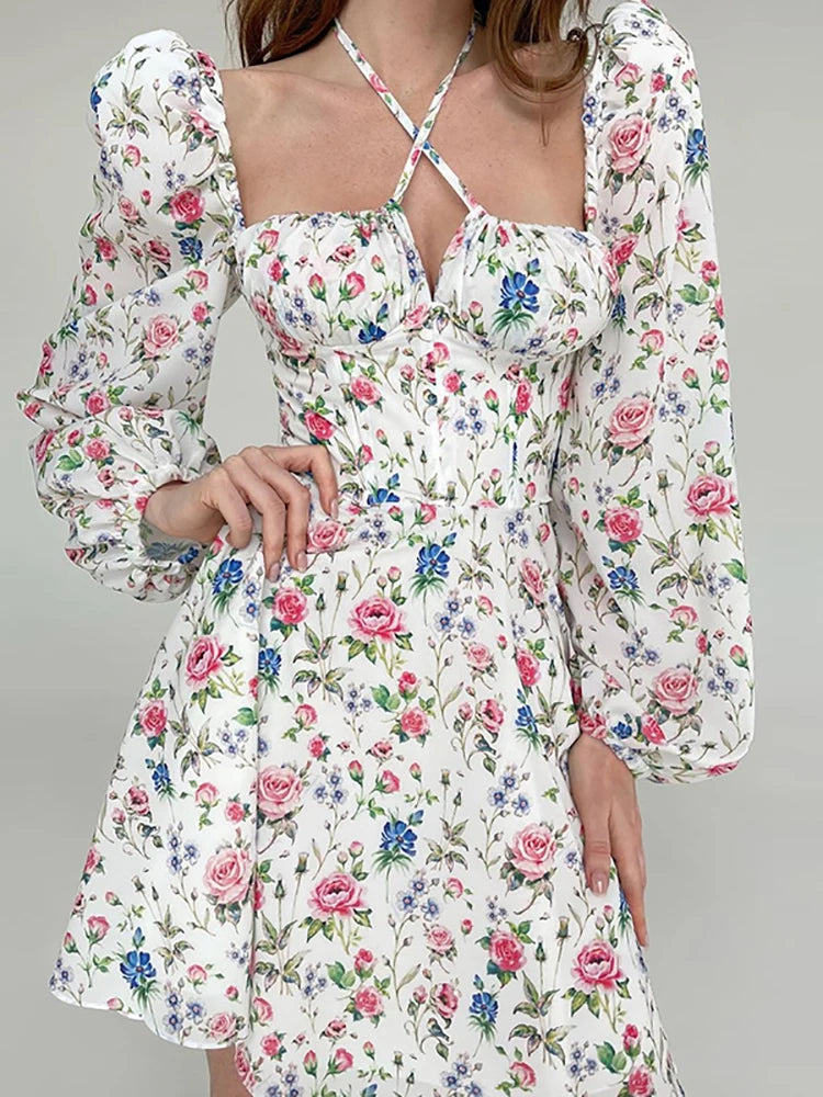 NewAsia Floral Dress Women Lantern Long Sleeve Ruched Print A Line Square Neck Tie up Mini Vestidos Sexy Chic Summer Beach Dress 9