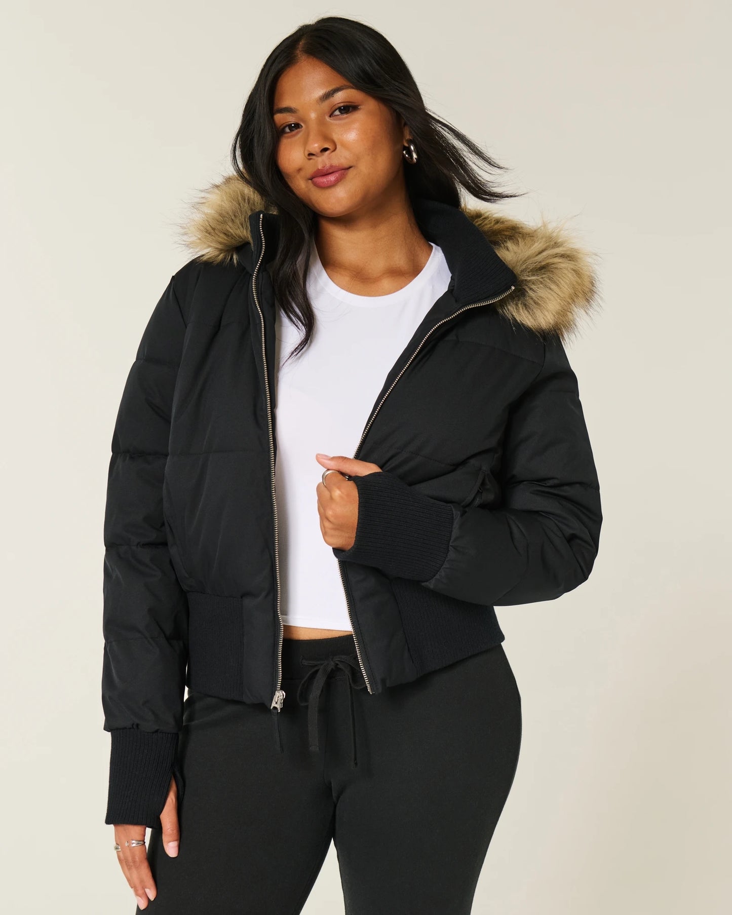 Women's Faux Fur Hooded Winter Crop Jacket