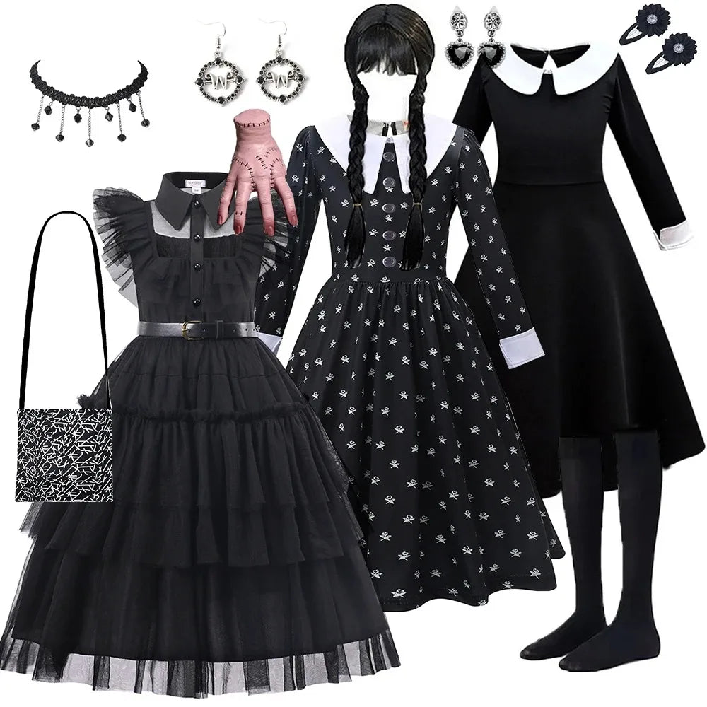 Black Mesh Fluffy Dress for Kids Girls Gothic Style Wednesdy Costume Halloween Dress Up Party Children Outfits Disguise Printing