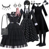 Black Mesh Fluffy Dress for Kids Girls Gothic Style Wednesdy Costume Halloween Dress Up Party Children Outfits Disguise Printing