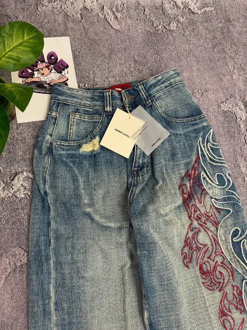 Y2K American New Pattern Embroidery Baggy Jeans Men High Street Vintage Hip Hop Fashion Casual Joker Couple Wide-leg Pants 3