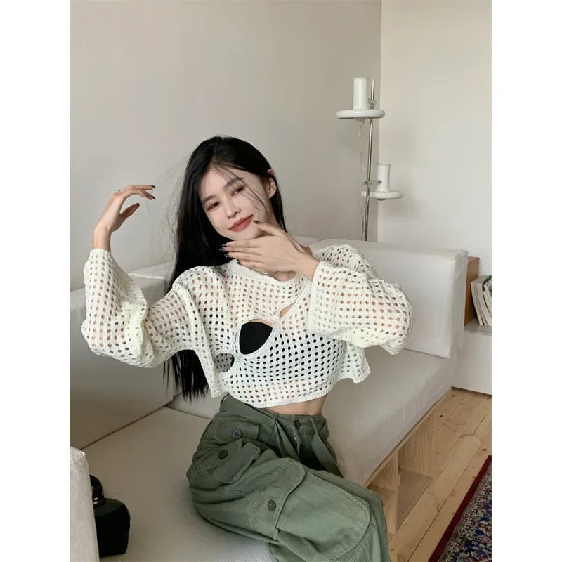 Y2K Hollow Out Crop Top Knitted Retro Long Sleeve T Shirt Women Summer Sun Protection Breathable Cardigans Patched Tee 4