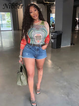 Nibber Autumn Art Print T-shirt Women's Wear Long-sleeved O-Neck Short Section Navel Slim Fit Top Female Street Comfort Clothing 4